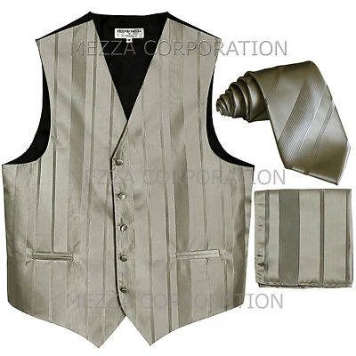 New Men's Tuxedo Vest Waistcoat Stripes Necktie Hankie set prom formal Silver