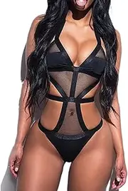 [JINZIJINYU] Women Lingerie Sexy Bodysuit Three Point Bikini One Piece Swimsuit See Through Mesh Sexy Open Back Cutout Swimsuit