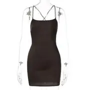 Double Strap Plain Mini Bodycon Dress Coffee - M