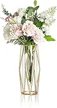 Glass Vase with Metal Bracket, Golden Plated Geometric Metal Frame Nordic Modern Decoration for Living Room Home Kitchen Dinner Table Shelf Office Desk Decor