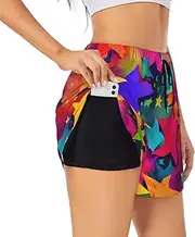 [GaxfjRu] Rainbow Stars Print Women's Running Shorts High Waisted Running Shorts Pocket Sporty Gym Elastic Short, Black, M
