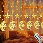 Ramadan Star Moon Curtain String Lights - 3.5m 138 LEDs USB Powered with Remote Control, 8 Modes for Home Party Decor
