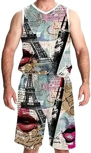 [KQNZT] Basketball Jersey with Shorts, Outfit Tank Top Track Shorts, Men's Athletic Basketball Jerseys, Retro Style Letter Eiffel Tower