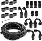 Medoon 10ft 10AN Black Nylon & Stainless Steel Braided Fuel Oil Hose Kit with 10pcs Fittings, 6pcs Clamps, 2pcs Couplers