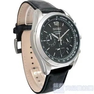 SEIKO 精工表 SSB097P1手錶 黑面 三眼計時 日期 壓紋皮帶 男錶【錶飾精品】