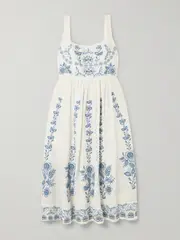 [Agua by Agua Bendita] Agua by Agua Bendita - Miramar Floritura Gathered Embroidered Linen Midi Dress - White - medium medium White