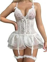 [JINZIJINYU] Women Lingerie Sexy Lace Babydoll Lace Mesh Sexy Splicing See Through Slim Ribbon Bra Set Women Bodysuit