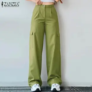 Zanzea 女士時尚韓國街頭高腰搭扣拉鍊寬鬆口袋工作褲