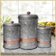 Set of 3 Galvanized Metal Canisters Farmhouse Country Kitchen Bathroom Storage
