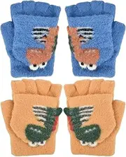 [Shengxi] 2 Pairs of Children's Winter Gloves, Flip Top Gloves, Warm Winter Gloves, Half Finger Mittens for Boys and Girls, Mittens with Button Placket, 3-10 Years
