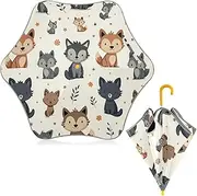 [ODAWA] Sun and Rain Umbrella Cute Forest Animals Beige Kid Umbrellas, Windproof Compact Stick Umbrellas for Rain