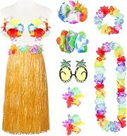9 Pieces Hawaiian Hula Grass Skirt Costume Outfit Accessories Set Necklace Leis Flower Garland Bracelet Bikini Top Pineapple Sunglasses Hair Clip for Tropical Party Decoration Women