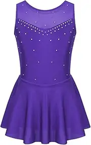 [renvena] Kids Girls Sparkly Rhinestone Mesh Splice Ballet Dance Leotard Tutu Dress for Figure Ice Roller Skating