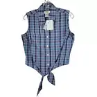 Talbots Womens Blue Plaid Button Up Top Tie Front Sleeveless Cotton Size PS NWT