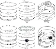 [Sanfenly] 32 PCS Boho Gold Chain Bracelets Jewelry Set Set for Women Multiple Layered Stackable Open Cuff Wrap Silver Bangle Adjustable Fashion Paperclip Link Cuban Beaded Bracelets jewelry set Jewelry for Girl gift