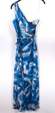 NWT Nicole Miller One Shoulder Belted Maxi Dress Satin Side Split Blue Size 8