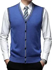 [SWJGLITTR] Men's Sleeveless Sweater Cardigan Wool Blend V Neck Buttons Vest Cable Knit Big and Tall Cardigan Vest, Blue, Large