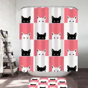 Pink White Panel and Black White Cats Shower Curtain