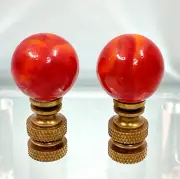 PAIR Brass Lamp Finials 1" Glass Ball Marbles Dark Red-Orange Fire Lava lot#1832