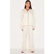 Cream Jersey Contrast Piping Detail Long Pj Set, Cream