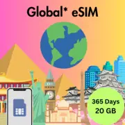 Global Prepaid Travel eSIM Card 20GB Data 5G/4G Lte 365 Days