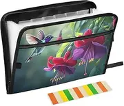 Quteprint 13 Pockets Expanding File Folder with Zipper Closure, Hummingbird Fuchsia Flowers Accordion File Folder with Sticky Labels, Letter Size A4 Papers Expandable File Document Organizer