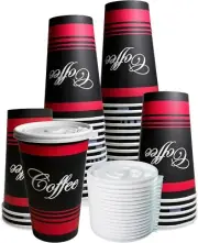 16oz Restaurant Grade Disposable Paper Hot Coffee Cups w/ White Flat Lids 25pcs