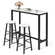 Giantex 3 Pieces Bar Table Set w/2 Stools & Solid Metal Frame & Faux Marble Top for Small Space for Dining Room Living Room Bar White