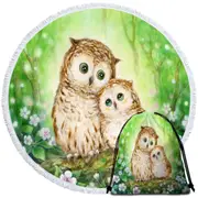 Green Forest and Flowers Owls Cuddle Round Beach Towel
