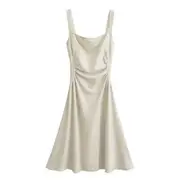 Spaghetti Strap Square-Neck Plain Ruched Midi Bodycon Dress Almond - M