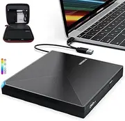 External CD DVD +/-RW Drive USB 3.0 USB C Portable CD/DVD Player Burner Reader Writer Optical CD ROM Disk Drive for Laptop Desktop PC Mac MacBook Pro/Air Windows Linux OS with Carrying Case
