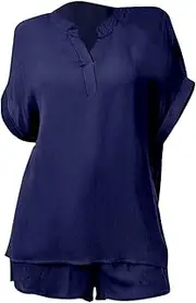[Generic] Women Sleep Shirt Spring and Summer Solid Color V Neck Loose T Shirt Shorts Home Casual Suit Cool Summer Clothes for Women