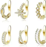 [Kakonia] 6 Pcs Adjustable Ear Cuffs for Women Earrings Set Non Pierced Ears Dainty Helix Cartilage Cuff Earrings Sparkling Non-Piercing Adjustable Huggie Clip On Wrap for Women Teen Girls