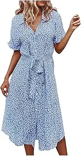 [Valtorixia] Women's Summer Polka Dot Print Shirt Dress Vintage Short Sleeve Front Drawstring High Waist Button Down Midi Dress