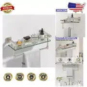 Rustproof Stainless Steel Towel Bar with Large Tempered Glass Shelf Organizer