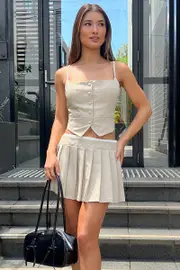 Beige Pleated Skirt High Waisted Contrast Waistband - Size 6XXS, Women's Skater Skirt