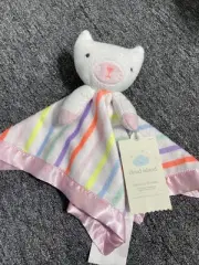 Cloud Island Cat Security Blanket Baby Lovey Stripes White Pink Plush Satin