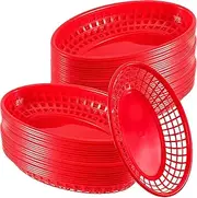 [JEUIHAU] 60 Pack Oval Fast Food Baskets, 9 x 5.6 Inch Red Plastic Serving Baskets for Bread, Fried Chicken, Burgers, Sandwiches, Fries, Fruits