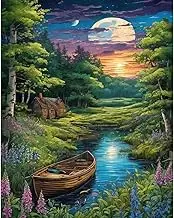 askkqtx Landscape paint by number for adults canvas,Moon Paint by Numbers for Adults Beginner,Lakes Boat Acrylic Watercolor Paint by Number,DIY Oil Painting for Home Wall Decor Gifts (16 x 20inch).