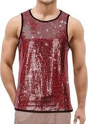 [FEOYA] Men's Sequin Sleeveless Tank Top Round Neck Tank Top Metallic Clubwear T-Shirt Party Sparkly Rave Slim Fit Disco Vest