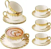 Elegant Tea & Coffee Cup and Saucer Set, Ceramic Turkish Coffee Cups with Gold Trim, Tea & Coffee Cups Set of 6, 8.5oz Capacity