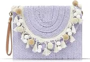[QTKJ] Bohemian Beach Bag, Crossbody Bags for Women, Tassels and Hair Halls Straw Clutch Purses, Handmade Woven Purse, Tassel Handbags for Vacation, Travel, Daily Matching(Purple), Purple