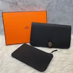 全新真品 HERMES DOGON DUO 89 黑色 銀釦 TOGO 子母袋 護照 長夾 A刻