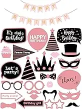 DONHUA Birthday Photo Booth Props Kit，26 Pcs Pink and Black Birthday Party Props Kit and 1Pc Happy Birthday Pull The Flag Cute Funny Selfie Photo Booth Props Party Decoration for Women and Girls