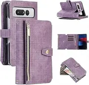 Wallet Case for Google Pixel Fold, 9 Card Slots Retro Leather Wallet Shockproof Flip Cover with Hand Strap Card Slots Zipper Pocket Kickstand Handbag Magnetic Closure Case