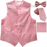 New Men's Vesuvio Napoli Paisley Tuxedo Vest Necktie, Bowtie & Hankie set Pink