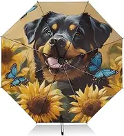 [PDZRMY] Rottweiler Sunflower Cute UV Protection Travel Umbrella Compact for Rain and Sun - Auto Open and Close UPF 50+ Windproof Portable 46” Sun Umbrella for Women and Men