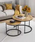Nesting Coffee Table Set of 2, 23.6" round Coffee Table Wood Grain Top with Adju
