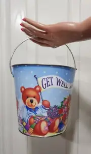VINTAGE NEW 1997 GET WELL SOON BEARS FLOWERS 5¾" Tall METAL TIN PAIL BUCKET