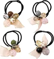 4PCS No-damage Seamless Elastic Cotton Hair Ties Band Ponytail Holders Scrunchie for Women and Girls (Black+Green+Grey+Water Blue, One size)